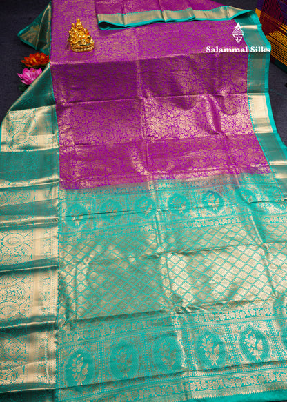 Purple Bridal Semi Silk Saree With Contrast Sapphire Green Border