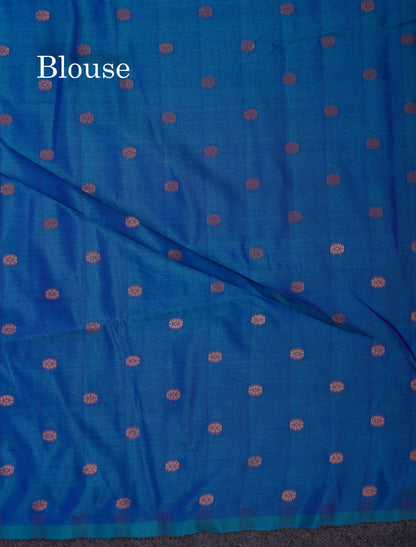 Beautiful Peacock Blue Silver And Gold Zari Meena Work Buttas Semi Soft Silk Saree With Contrast Purple Blouse