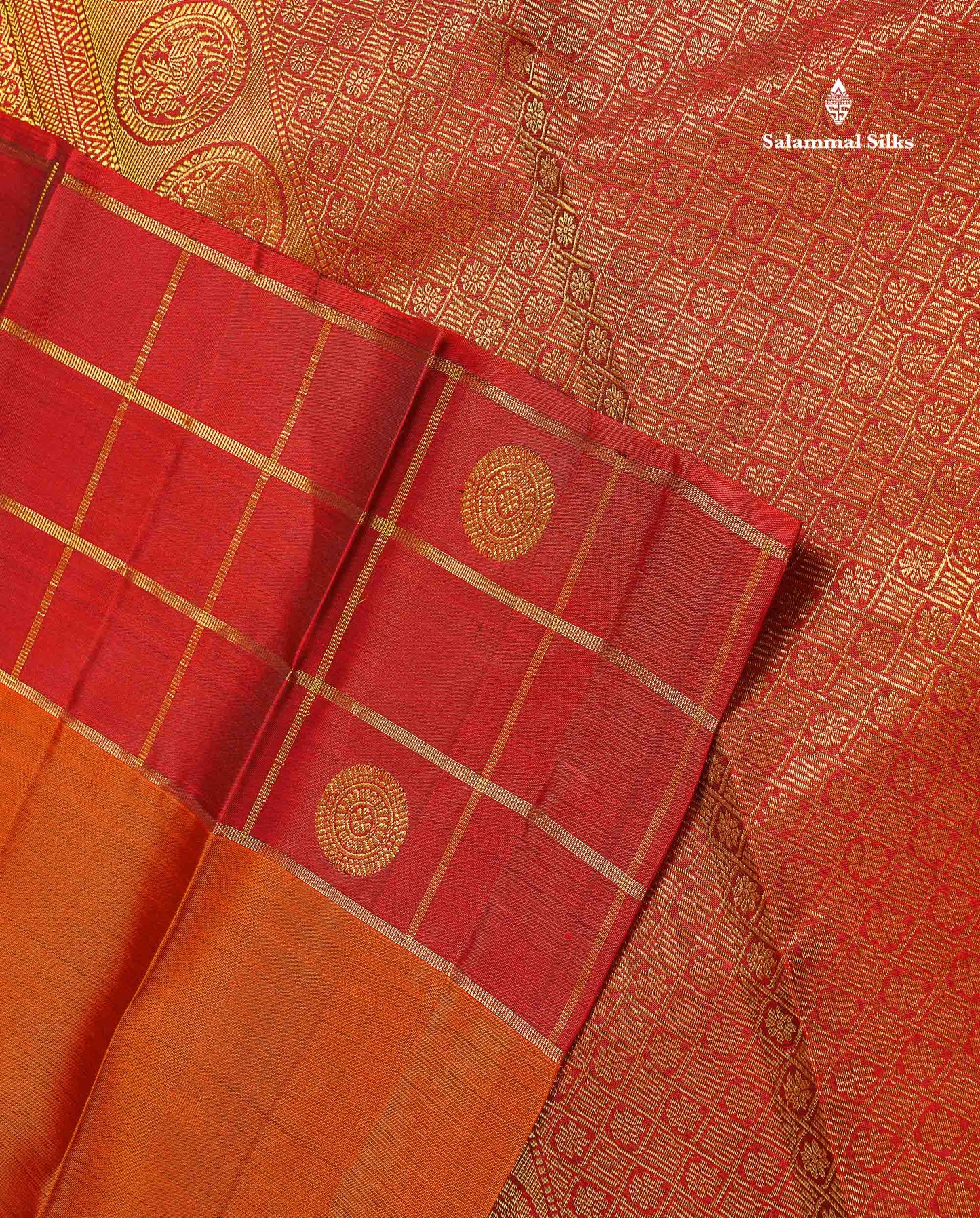 Pure Kanjivaram Silk Saree - Rust Orange Colour Body Butta With Contrast Maroon Fancy Border