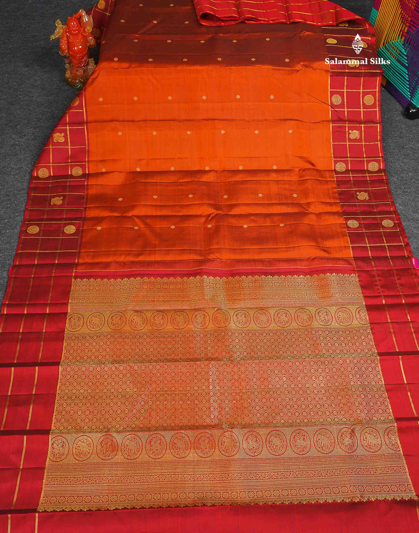 Pure Kanjivaram Silk Saree - Rust Orange Colour Body Butta With Contrast Maroon Fancy Border