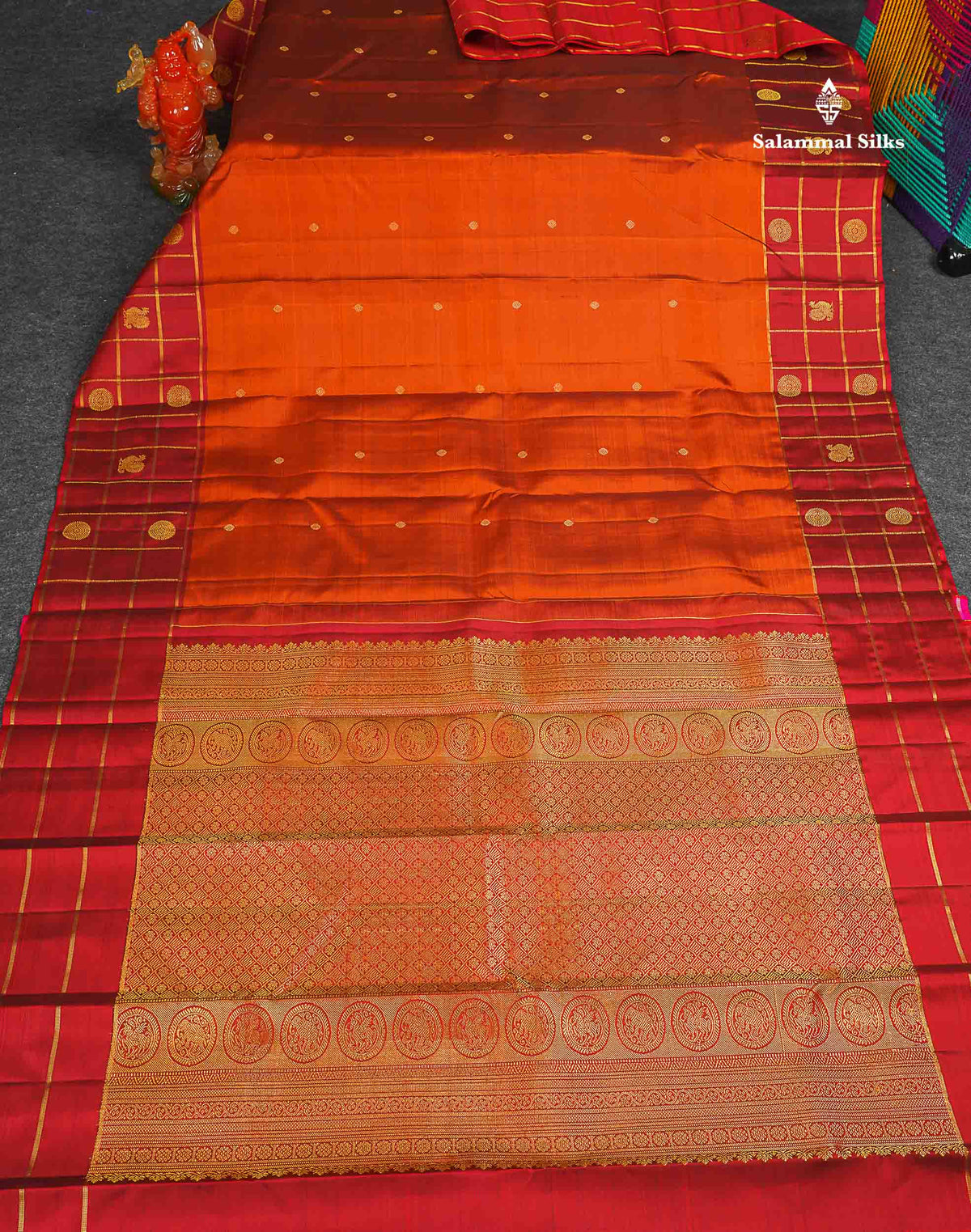 Pure Kanjivaram Silk Saree - Rust Orange Colour Body Butta With Contrast Maroon Fancy Border