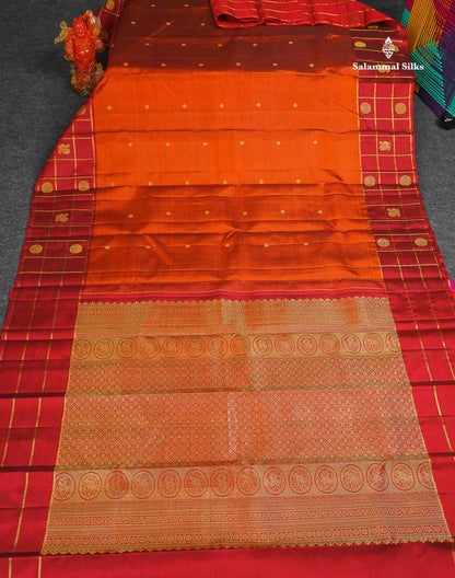 Pure Kanjivaram Silk Saree - Rust Orange Colour Body Butta With Contrast Maroon Fancy Border