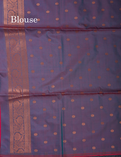 Beautiful Peacock Blue Silver And Gold Zari Meena Work Buttas Semi Soft Silk Saree With Contrast Purple Blouse