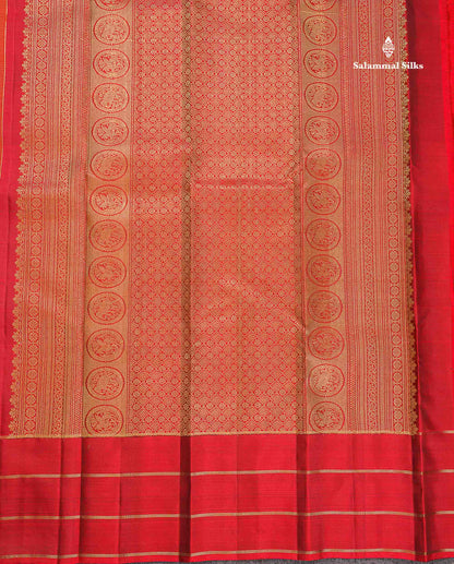 Pure Kanjivaram Silk Saree - Rust Orange Colour Body Butta With Contrast Maroon Fancy Border