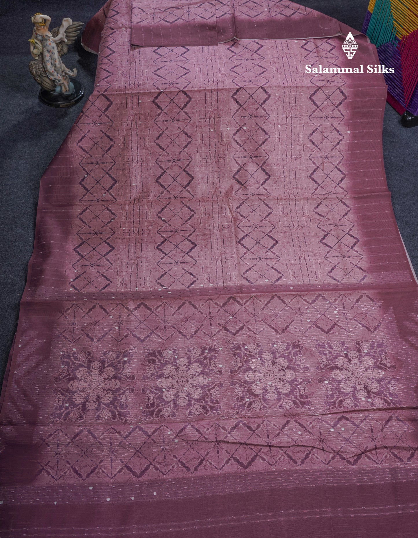 Onion Pink Thread Work Printed Semi Tussar Fancy Saree With Contrast Magenta Border