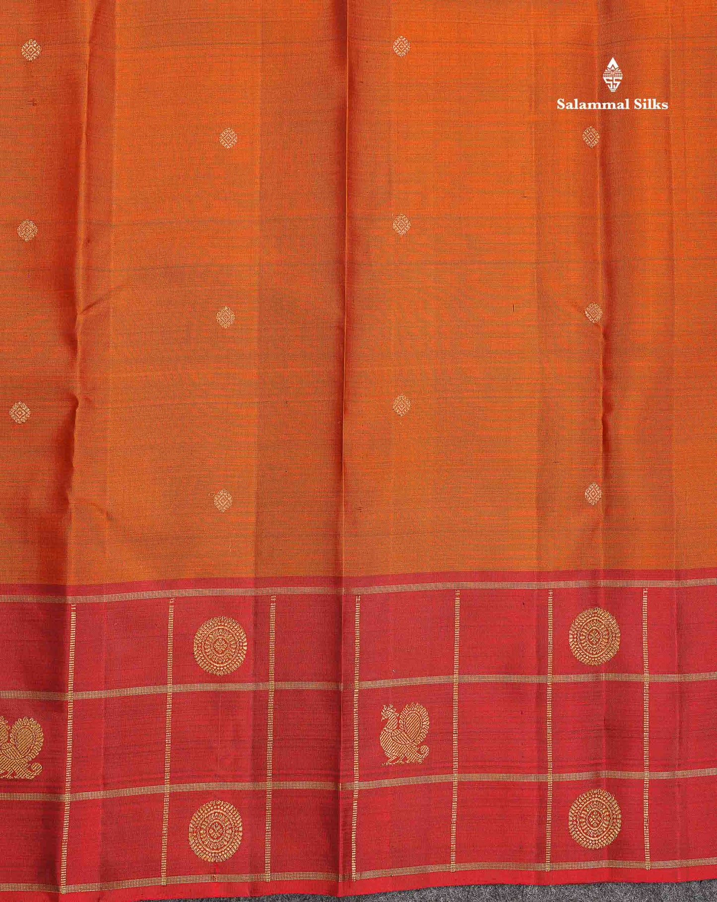 Pure Kanjivaram Silk Saree - Rust Orange Colour Body Butta With Contrast Maroon Fancy Border