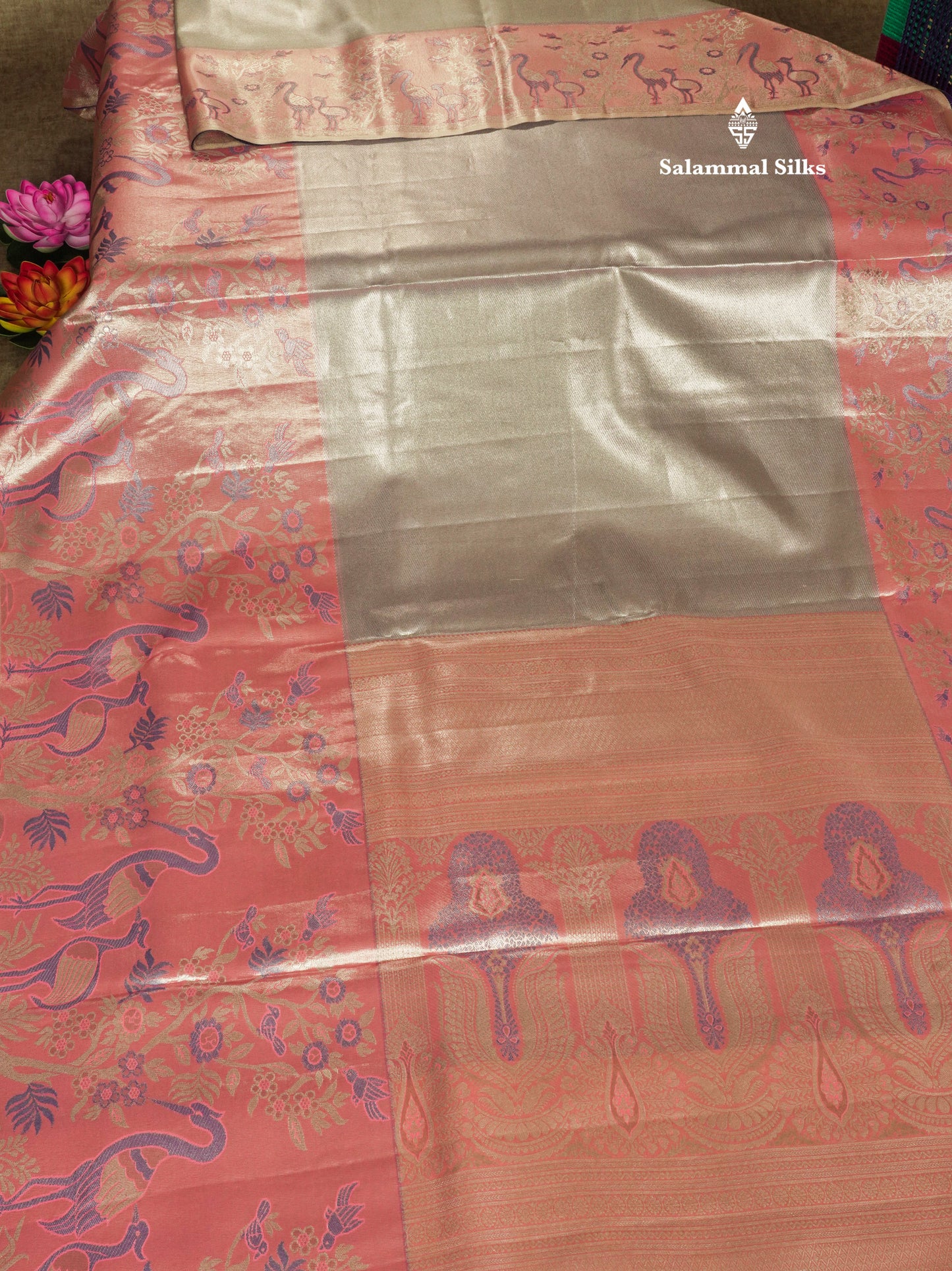 Light Pink Bridal Semi Silk Saree With Contrast Peach Evening Morning Border
