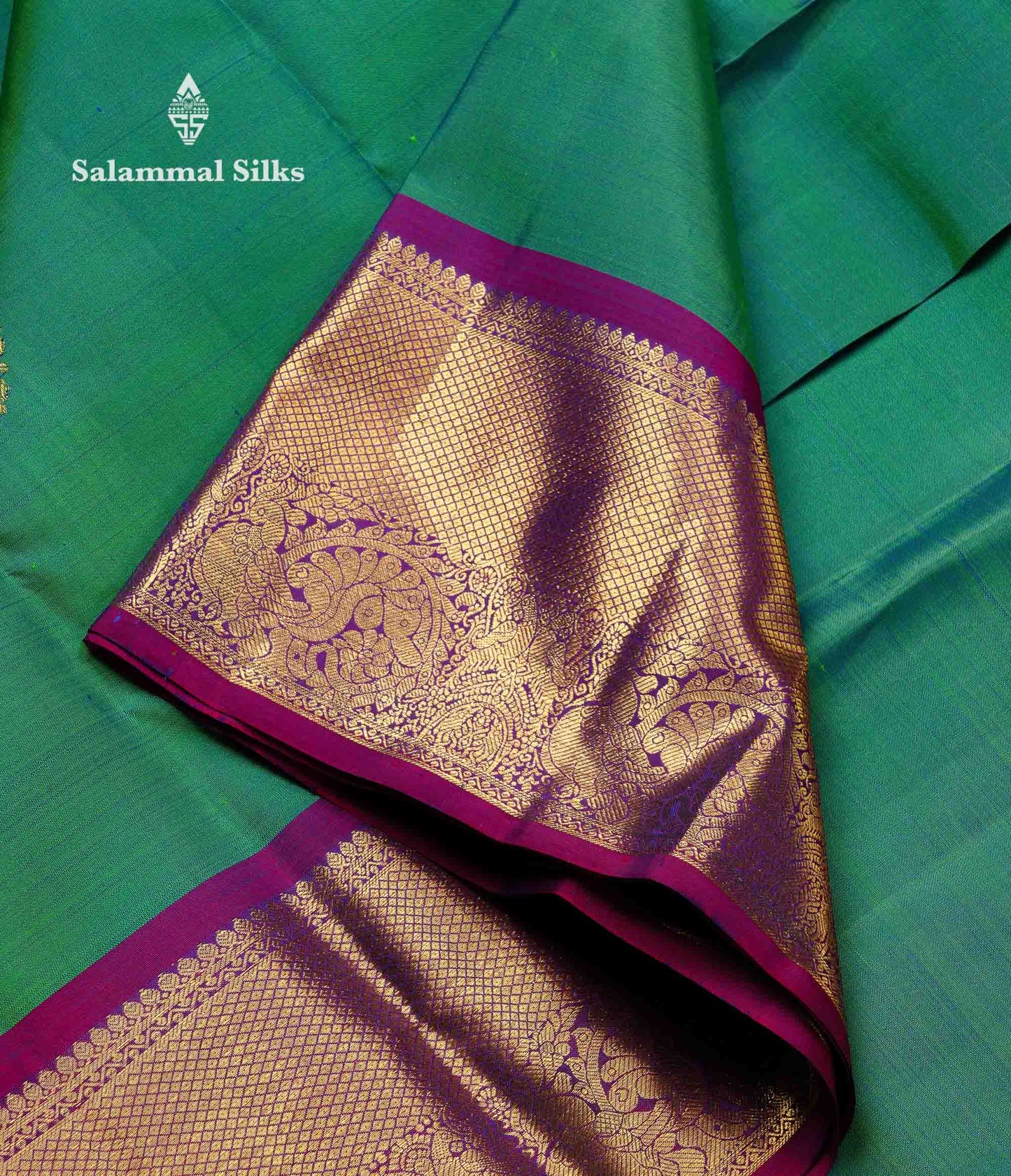 Beautiful Dual Tone Peacock Green Pure Kanjivaram Silk Saree With Contrast Dark Purple Traditional Evening Morning Border