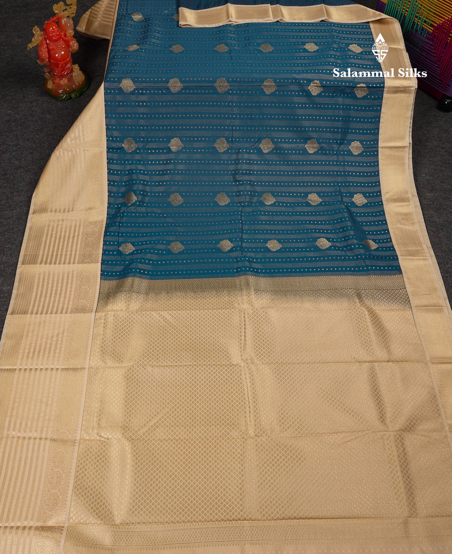Beautiful Ramar Blue Semi Silk Saree With Contrast Cream Sandal Traditional Evening Morning Border