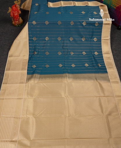 Beautiful Ramar Blue Semi Silk Saree With Contrast Cream Sandal Traditional Evening Morning Border