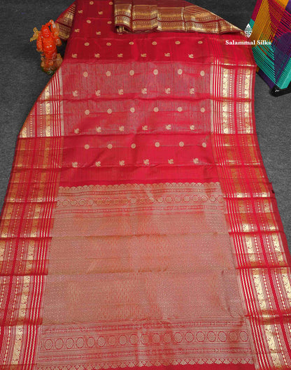 Pure Kanjivaram Silk Saree - Maroon Colour Body Vaira Oosi Lines With Butta & Traditional Long Border