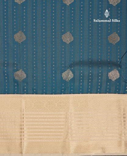 Beautiful Ramar Blue Semi Silk Saree With Contrast Cream Sandal Traditional Evening Morning Border
