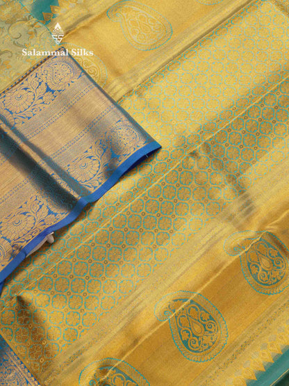 Beautiful Sapphire Blue Tissue Bridal Pure Kanjivaram Silk Saree With Contrast Blue Traditional Evening Morning Border