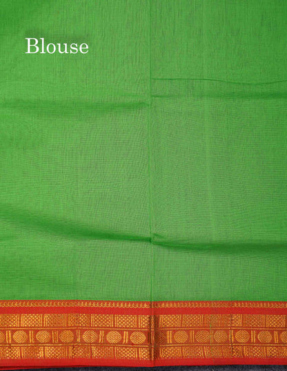 Beautiful Parrot Green Plain Pure Cotton Saree With Contrast Orange Traditional Border