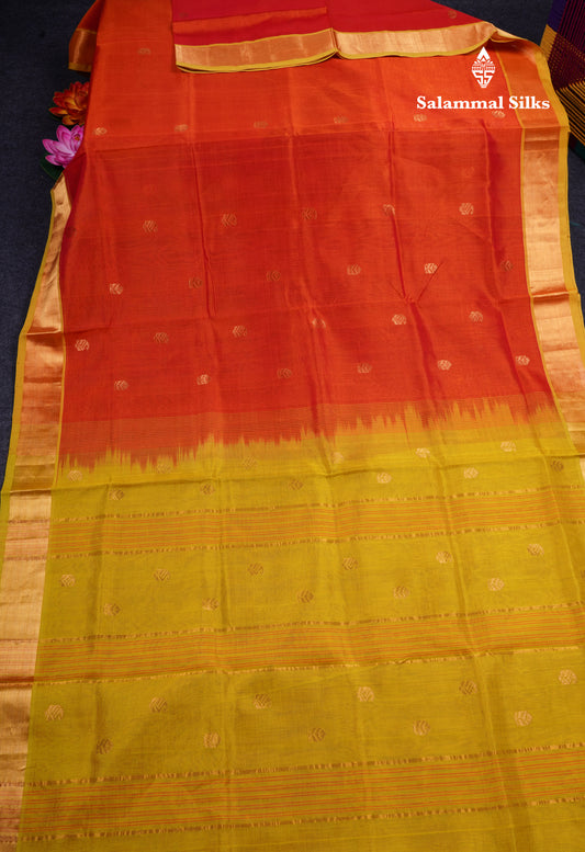 Orange Shade Pure Silk Cotton Saree With Contrast Manthulir Green Blouse