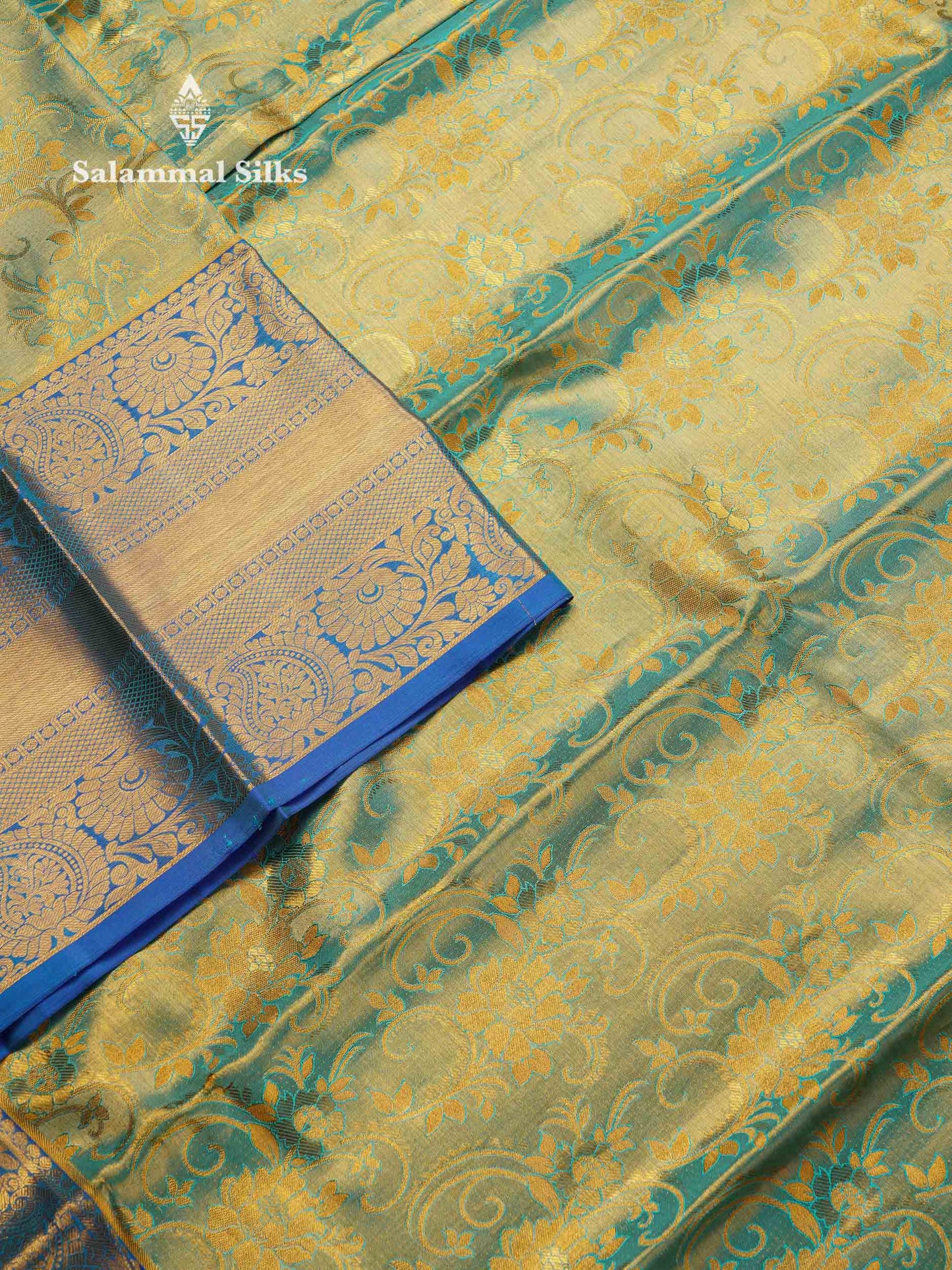 Beautiful Sapphire Blue Tissue Bridal Pure Kanjivaram Silk Saree With Contrast Blue Traditional Evening Morning Border