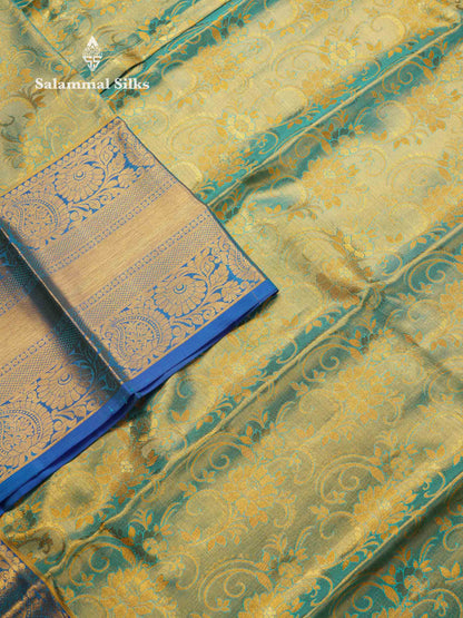 Beautiful Sapphire Blue Tissue Bridal Pure Kanjivaram Silk Saree With Contrast Blue Traditional Evening Morning Border