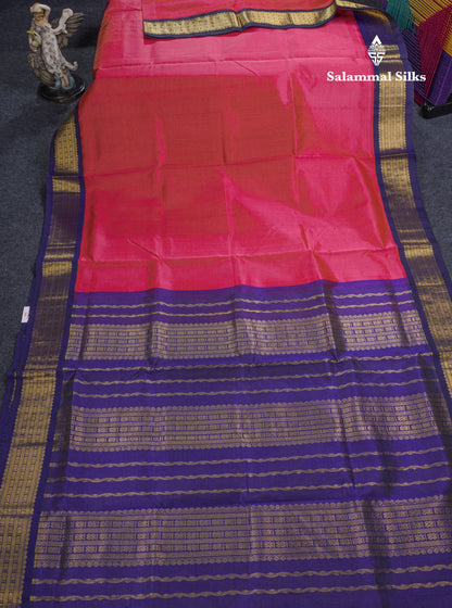 Pink Vaira Oosi Semi Silk Cotton Saree With Contrast Violet Traditional Border