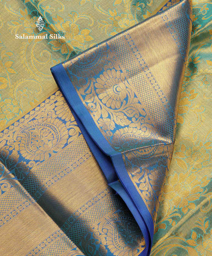Beautiful Sapphire Blue Tissue Bridal Pure Kanjivaram Silk Saree With Contrast Blue Traditional Evening Morning Border