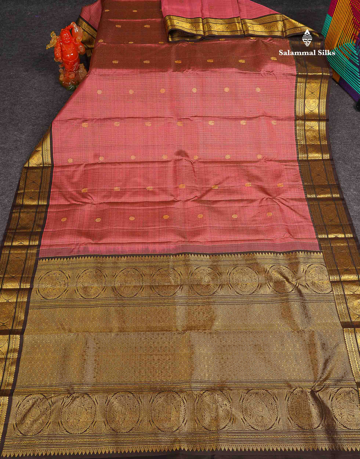 Pure Kanjivaram Silk Saree - Onion Pink Colour Body Small Checks With Butta & Contrast Dark Brown Border