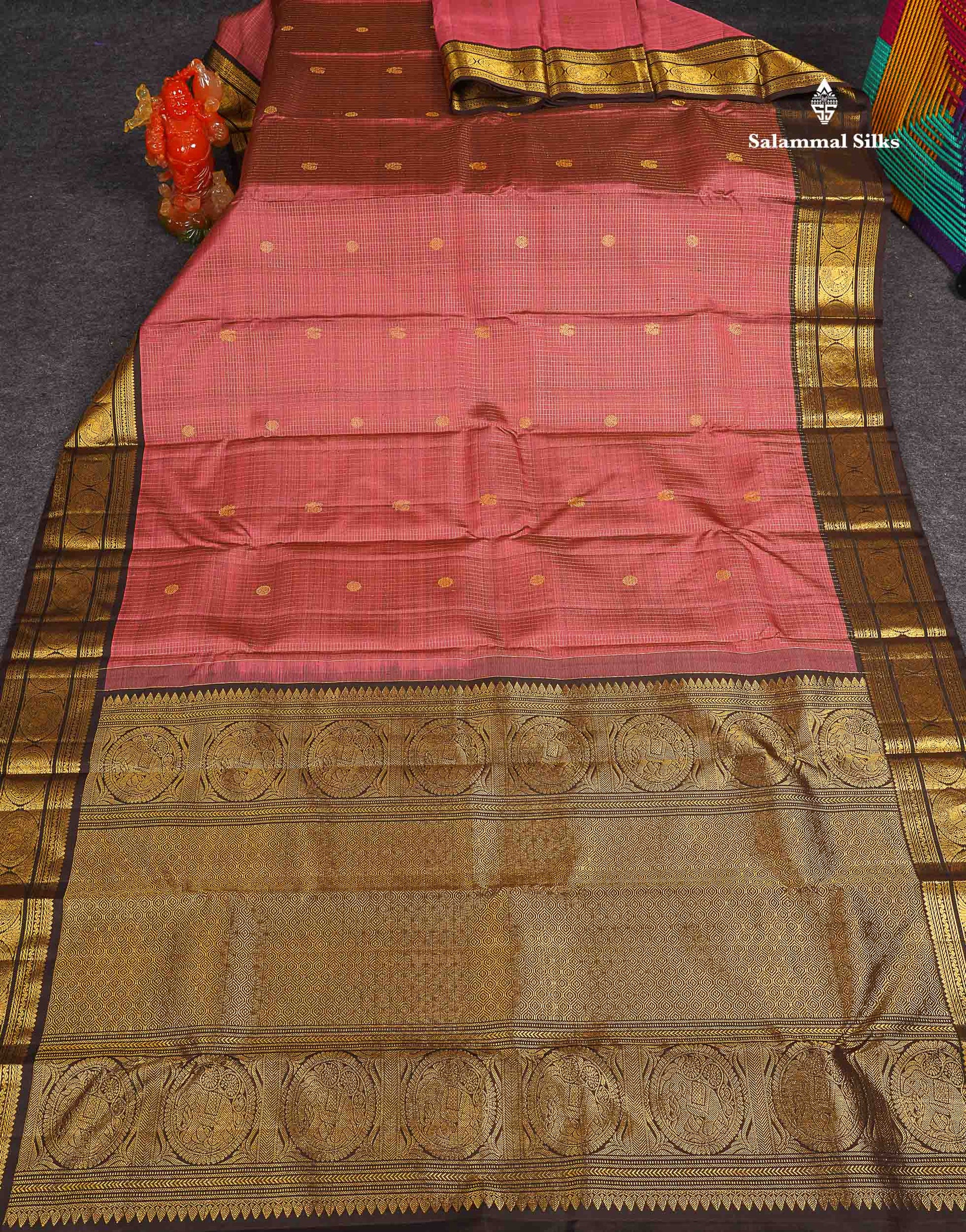Pure Kanjivaram Silk Saree - Onion Pink Colour Body Small Checks With Butta & Contrast Dark Brown Border