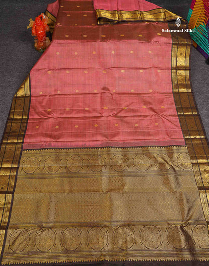 Pure Kanjivaram Silk Saree - Onion Pink Colour Body Small Checks With Butta & Contrast Dark Brown Border