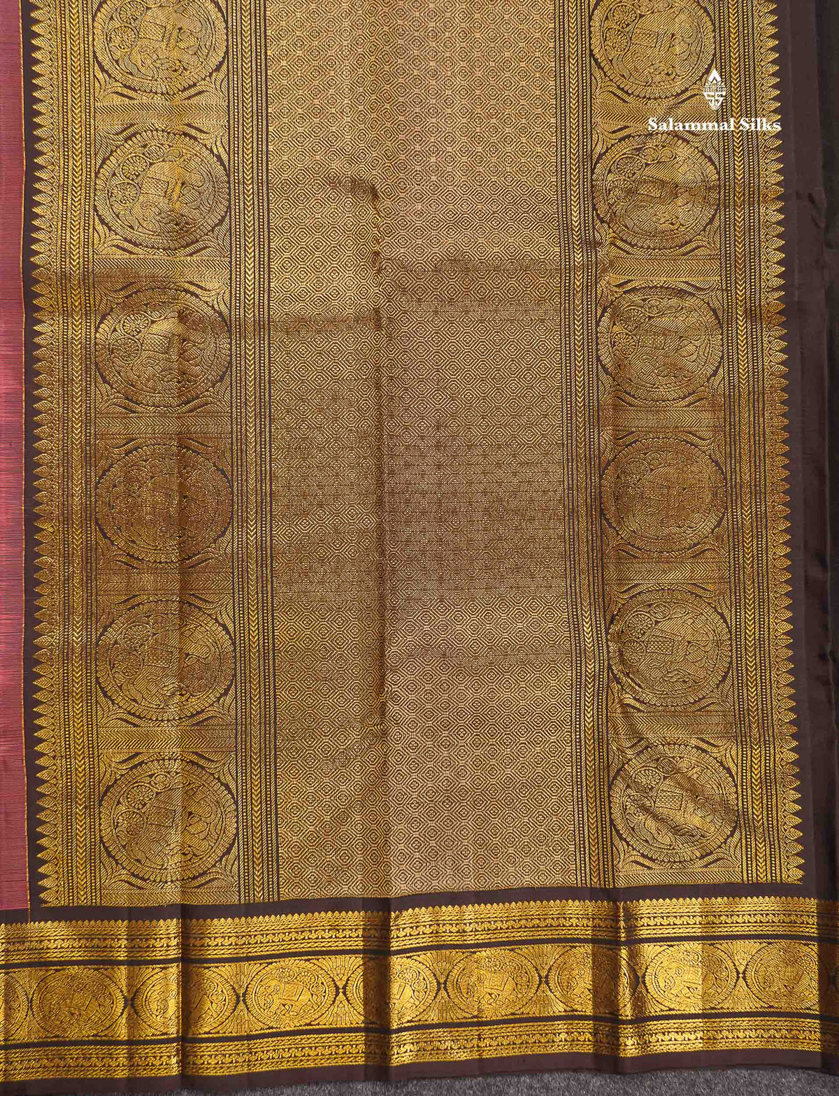Pure Kanjivaram Silk Saree - Onion Pink Colour Body Small Checks With Butta & Contrast Dark Brown Border