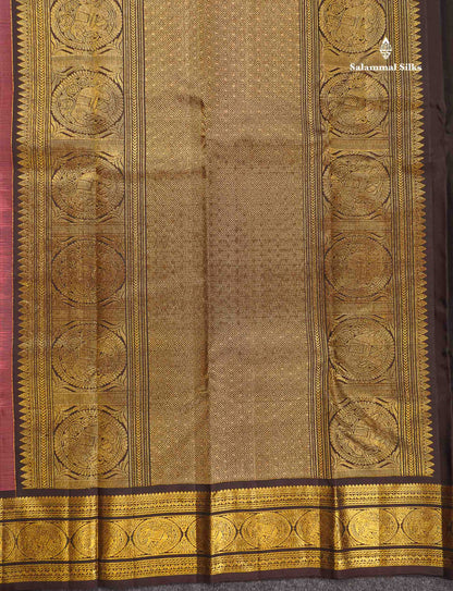 Pure Kanjivaram Silk Saree - Onion Pink Colour Body Small Checks With Butta & Contrast Dark Brown Border