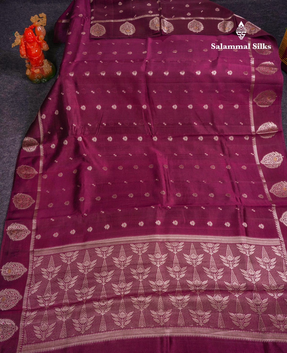 Beautiful Dark Magenta Handloom Banaras Menakari Work Raw Mango Silk Saree With Fancy Border