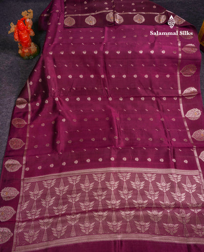 Beautiful Dark Magenta Handloom Banaras Menakari Work Raw Mango Silk Saree With Fancy Border