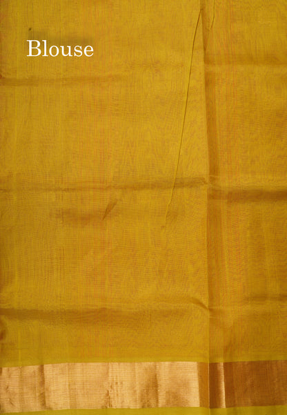 Orange Shade Pure Silk Cotton Saree With Contrast Manthulir Green Blouse