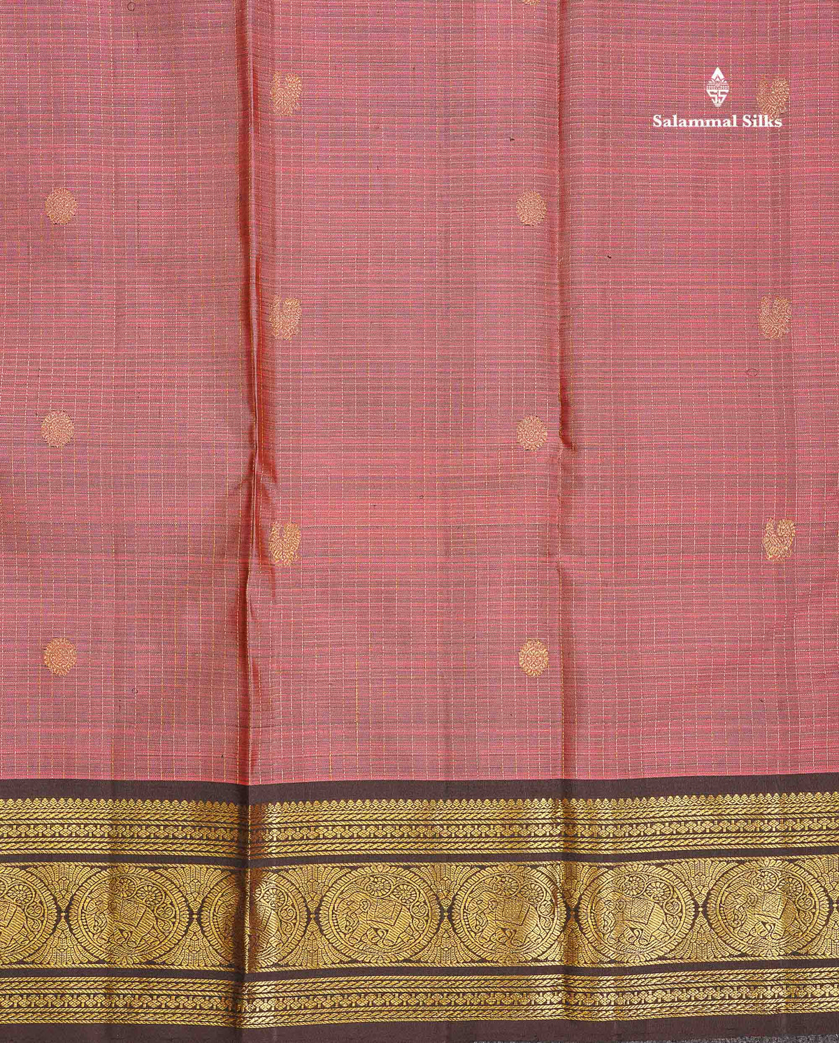 Pure Kanjivaram Silk Saree - Onion Pink Colour Body Small Checks With Butta & Contrast Dark Brown Border