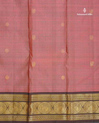 Pure Kanjivaram Silk Saree - Onion Pink Colour Body Small Checks With Butta & Contrast Dark Brown Border