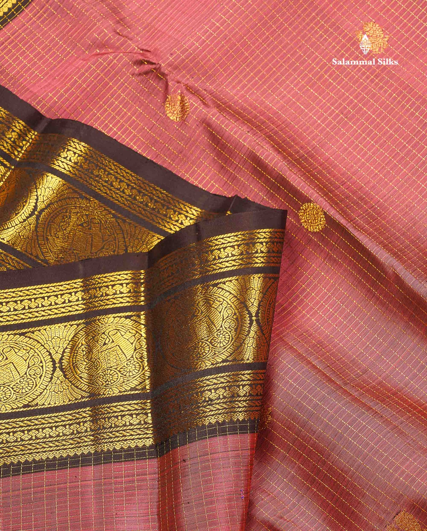 Pure Kanjivaram Silk Saree - Onion Pink Colour Body Small Checks With Butta & Contrast Dark Brown Border