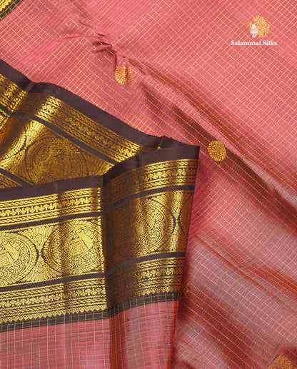 Pure Kanjivaram Silk Saree - Onion Pink Colour Body Small Checks With Butta & Contrast Dark Brown Border