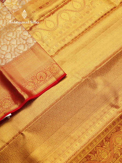 Beautiful Orange Tissue Bridal Pure Kanjivaram Silk Saree With Contrast Red Traditional Border