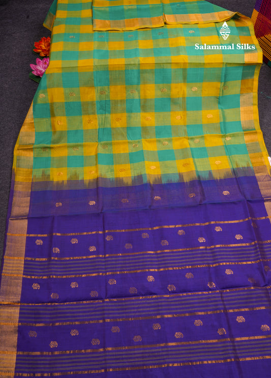 Paalum Pazham Checks Pure Silk Cotton Saree With Gold Zari Border