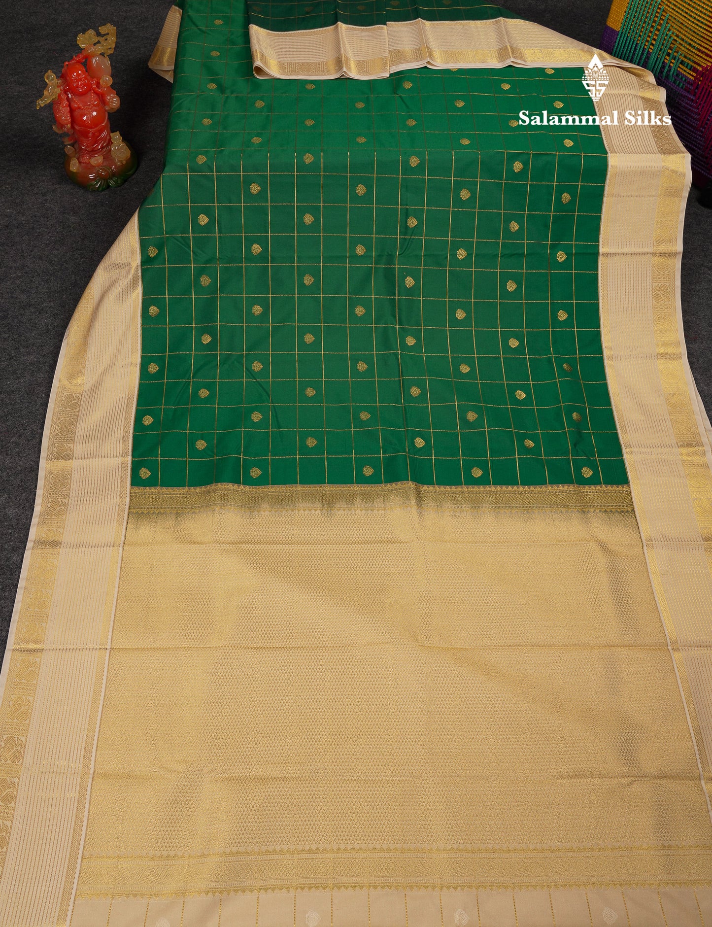 Beautiful Bottle Green Checks With Butta Semi Silk Saree With Contrast Cream Sandal Traditional Border