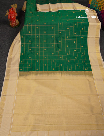Beautiful Bottle Green Checks With Butta Semi Silk Saree With Contrast Cream Sandal Traditional Border