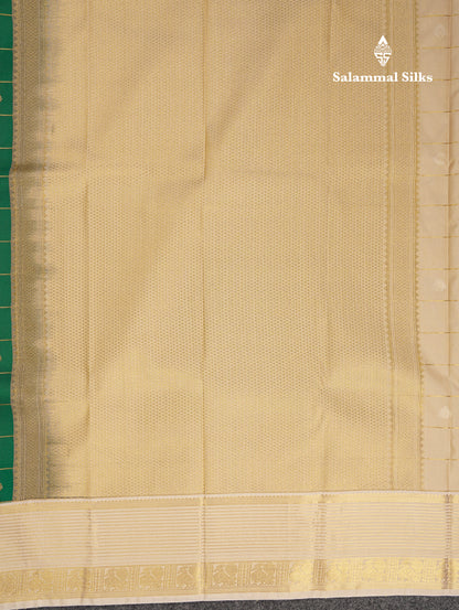 Beautiful Bottle Green Checks With Butta Semi Silk Saree With Contrast Cream Sandal Traditional Border
