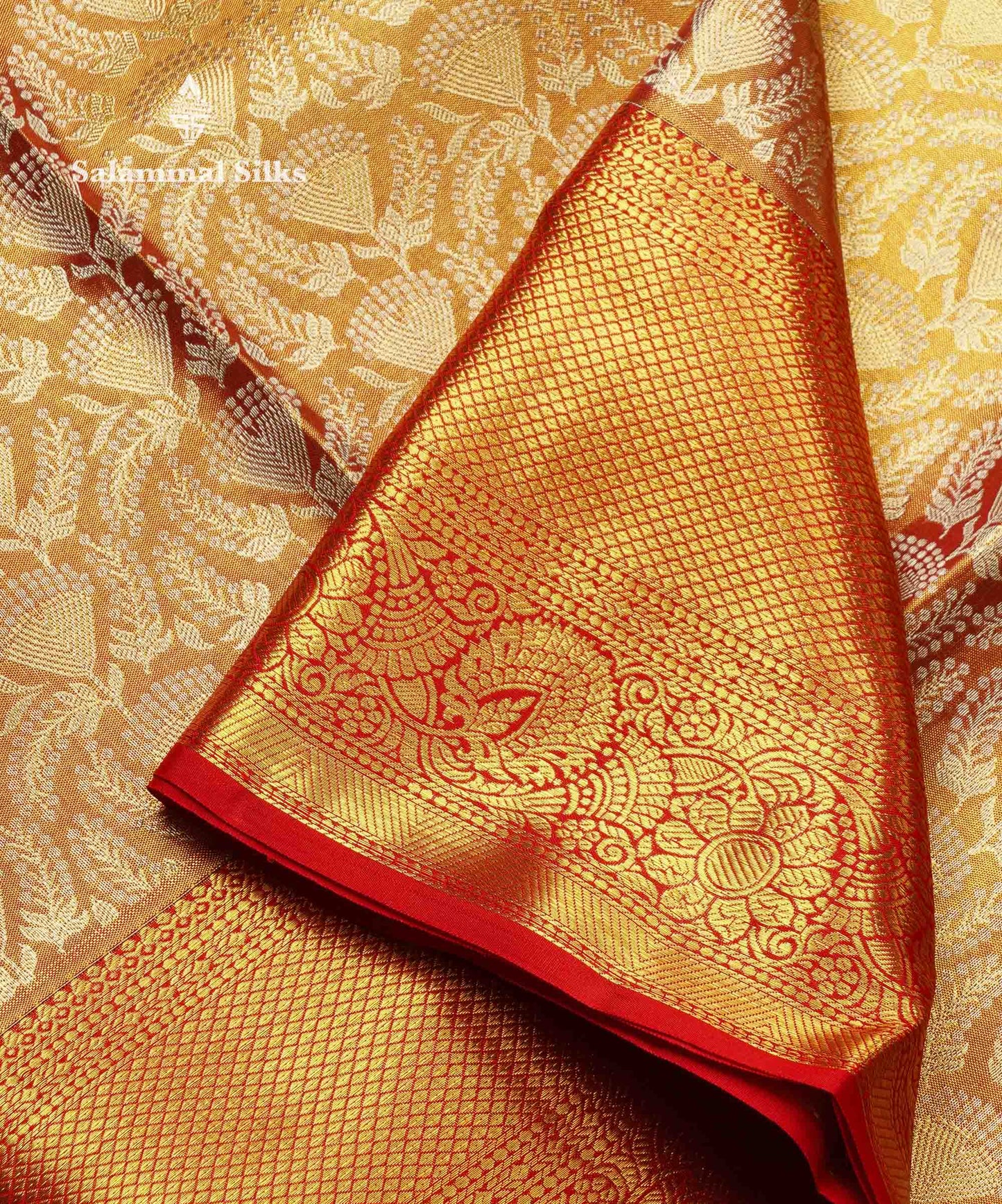 Beautiful Orange Tissue Bridal Pure Kanjivaram Silk Saree With Contrast Red Traditional Border
