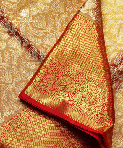Beautiful Orange Tissue Bridal Pure Kanjivaram Silk Saree With Contrast Red Traditional Border