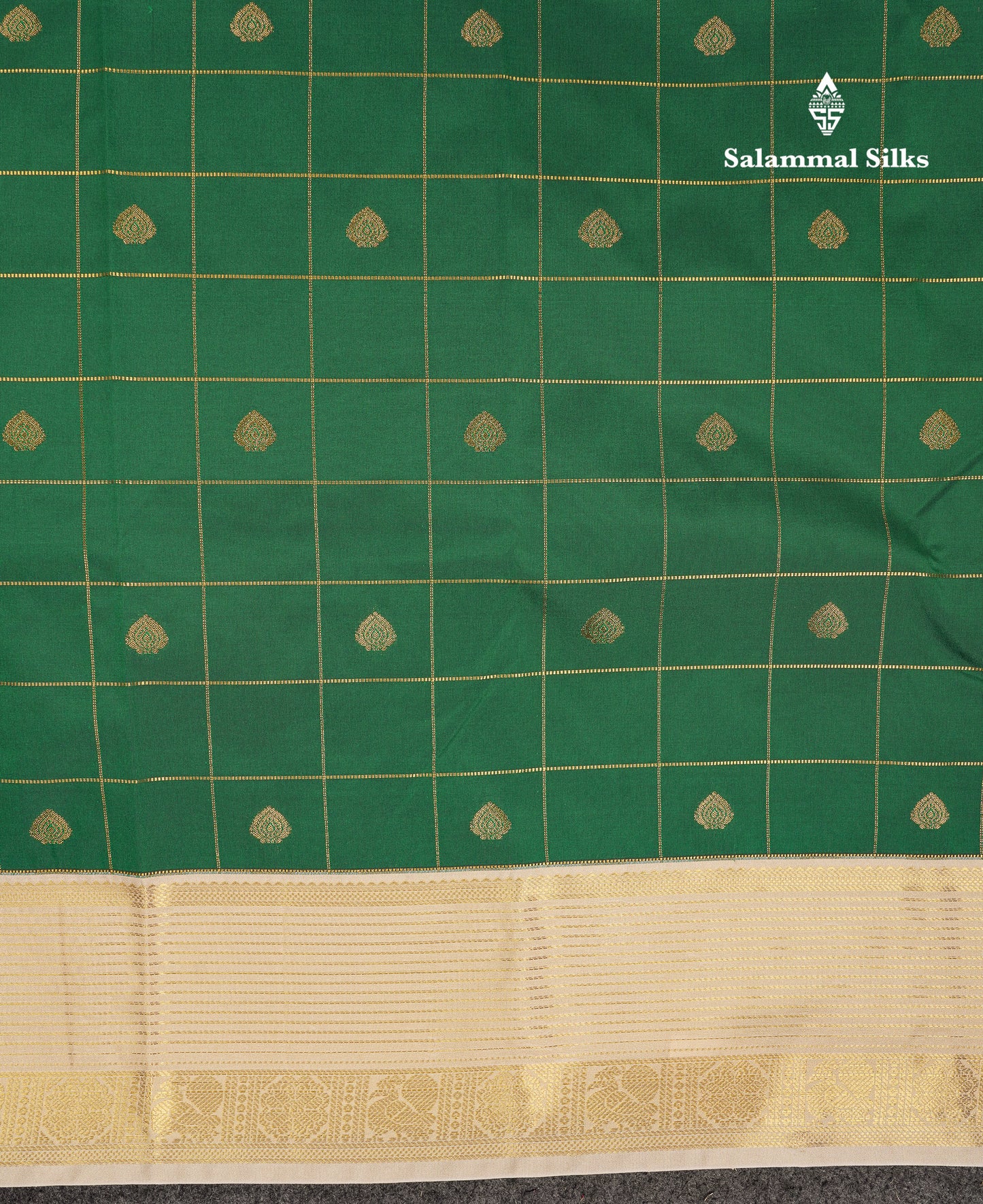 Beautiful Bottle Green Checks With Butta Semi Silk Saree With Contrast Cream Sandal Traditional Border