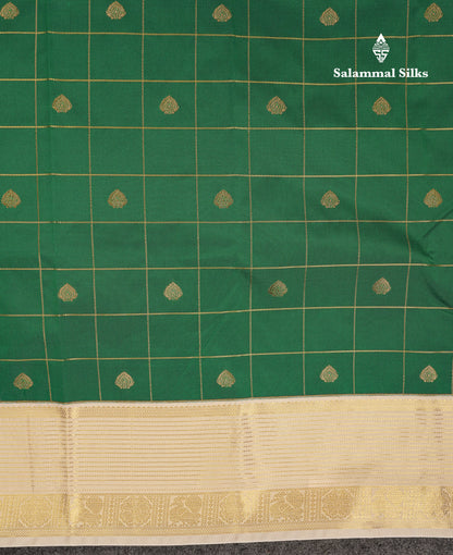 Beautiful Bottle Green Checks With Butta Semi Silk Saree With Contrast Cream Sandal Traditional Border