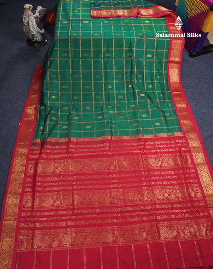 Bottle Green Checks With Butta Semi Silk Cotton Saree With Contrast Chilly Red Traditional Border