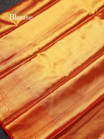 Beautiful Orange Tissue Bridal Pure Kanjivaram Silk Saree With Contrast Red Traditional Border