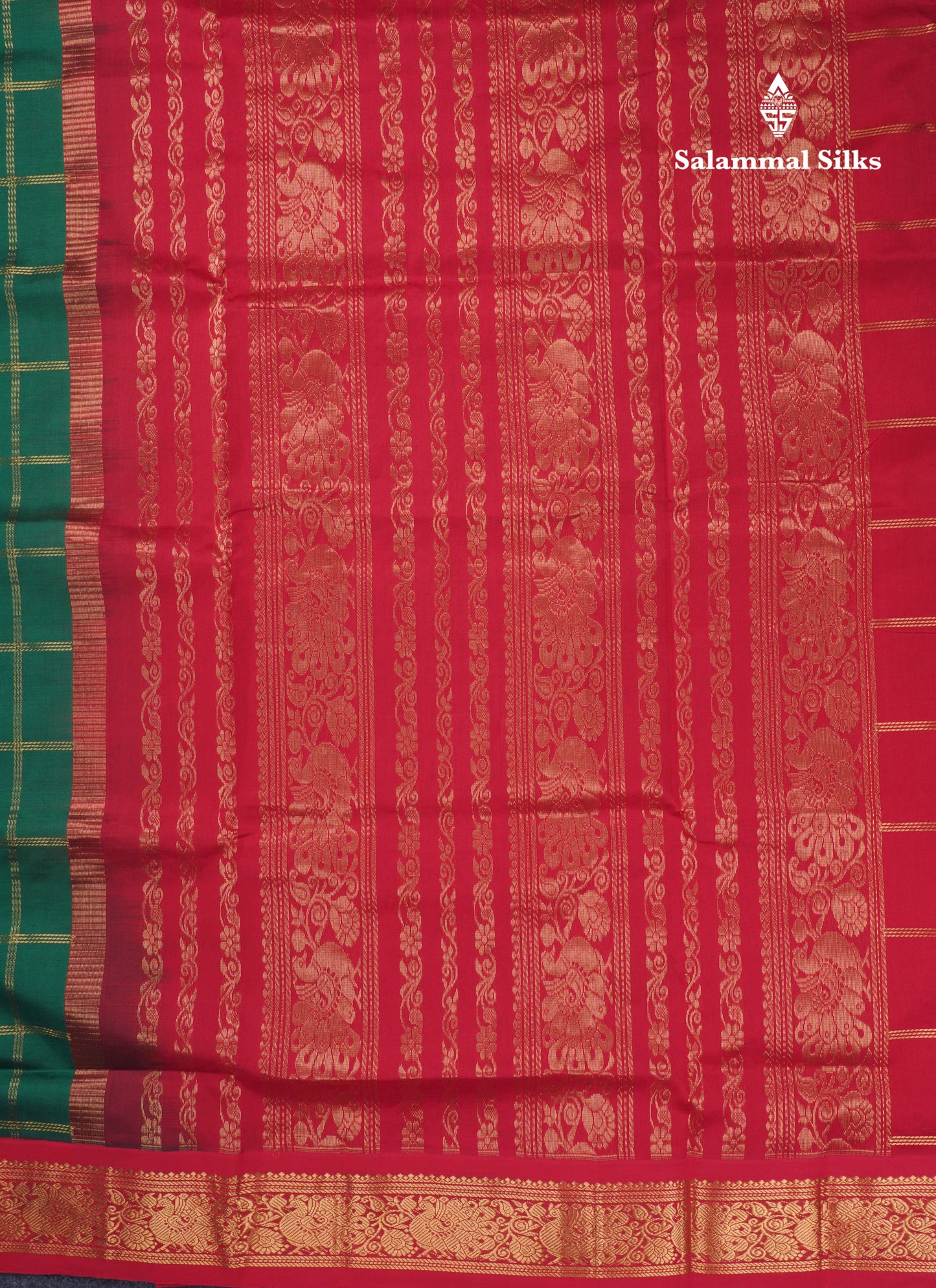 Bottle Green Checks With Butta Semi Silk Cotton Saree With Contrast Chilly Red Traditional Border