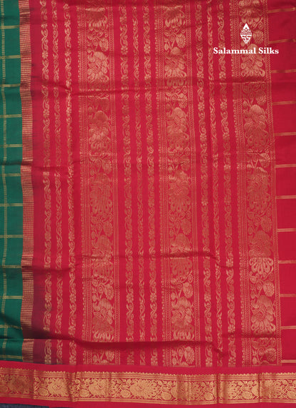 Bottle Green Checks With Butta Semi Silk Cotton Saree With Contrast Chilly Red Traditional Border