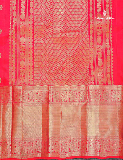 Pure Kanjivaram Silk Saree - Redish Pink Colour Body With Traditional Evening Morning Border