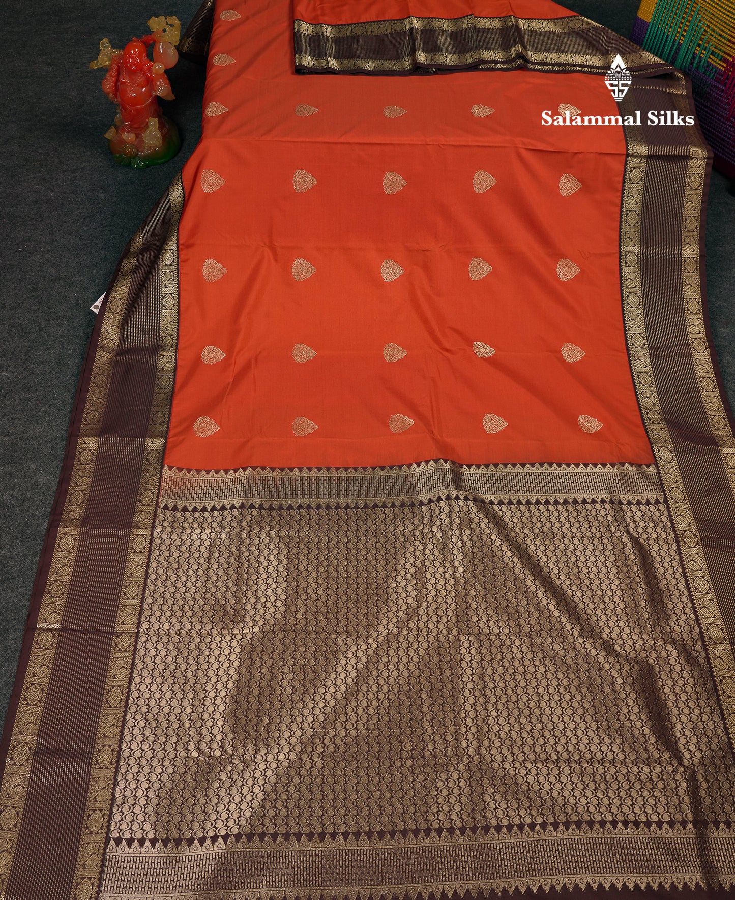 Beautiful Rust Orange Semi Silk Saree With Contrast Dark Brown Traditional Border